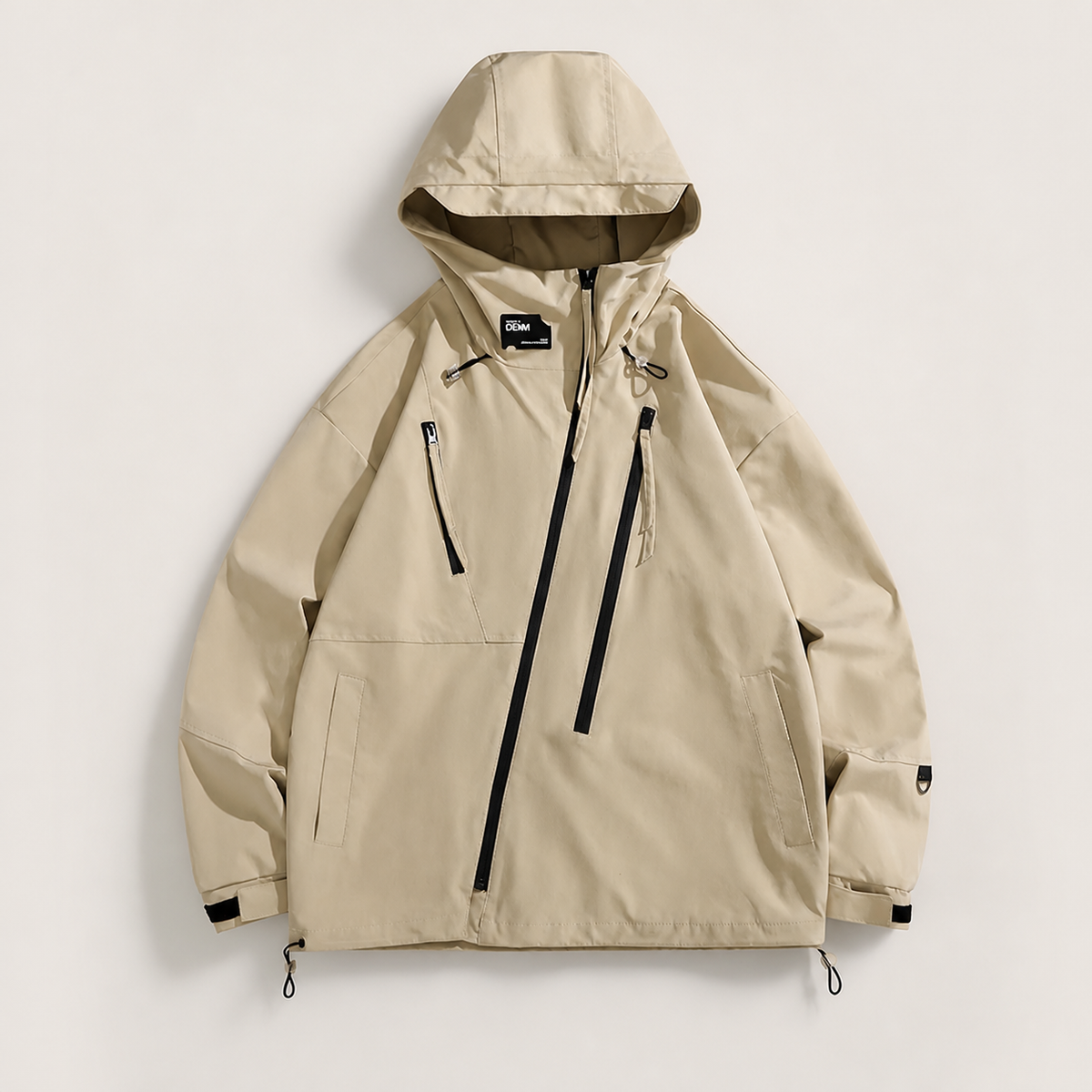 Khaki asymmetric-zip hooded jacket — studio background digitally edited